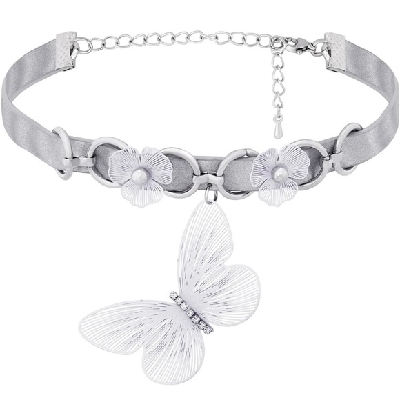 Butterfly choker necklace white and silver fully adjustable 3D butterfly charm - Picture 1 of 4